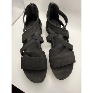 Eileen Fisher Sport Sandals Womens 7 Black Leather‎ Crisscross Platform Zip Up